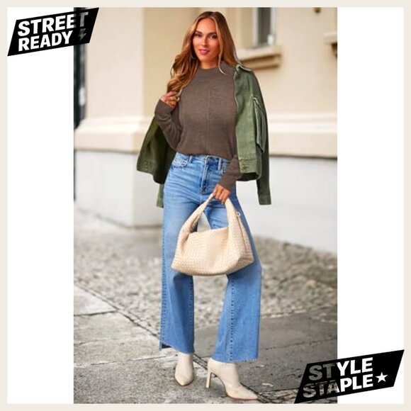 Mock Neck Wool Blend Sweater Pullover Business Casual Long Sleeve Loose Fit - Picture 3 of 5